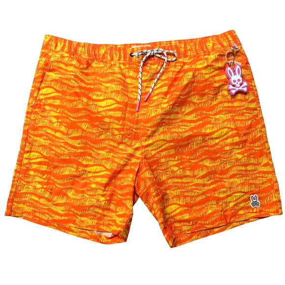 Psycho Bunny Men's Neon Red Orange Wavy Print Foley Graphic Swim Trunks XXXL - Picture 2 of 11